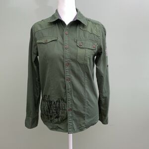Rocawear Shirt Womens Medium Button Up Roll Tab Sleeve Military Y2K